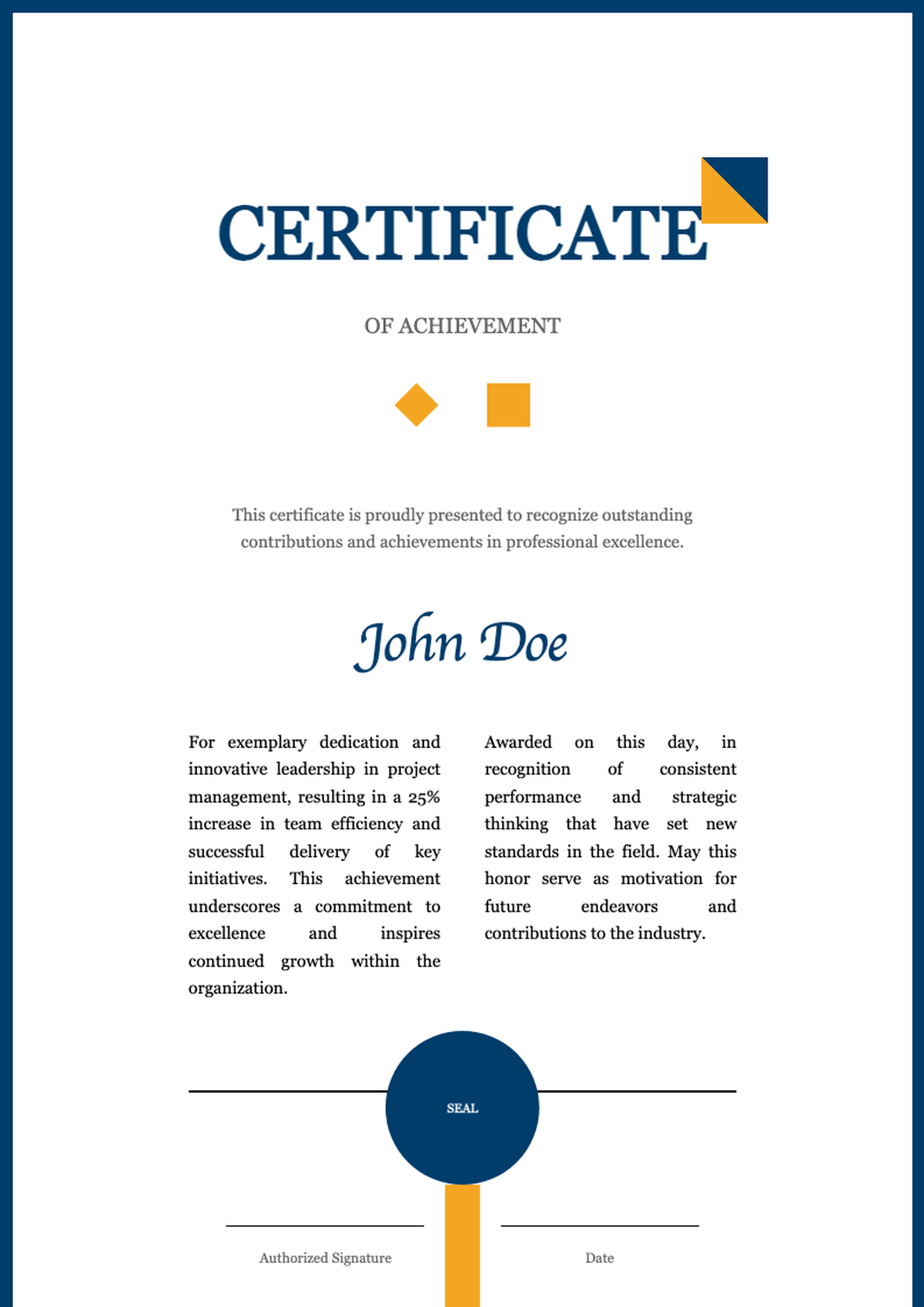Modern achievement certificate with blue and gold geometric border_variant_2